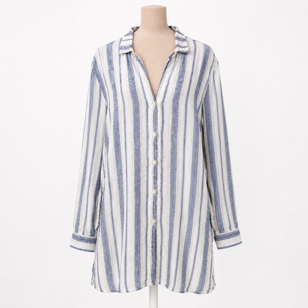 CP Shades Striped 100% Linen Long Sleeve Mini Shirt Dress Sz L‎ Coastal Resort